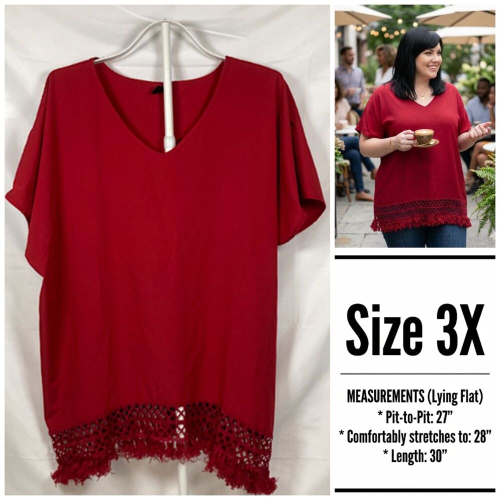 Shein Curve Plus Size 3X Cranberry Red Crochet Fringe V-Neck Top Size 22 24 Boho